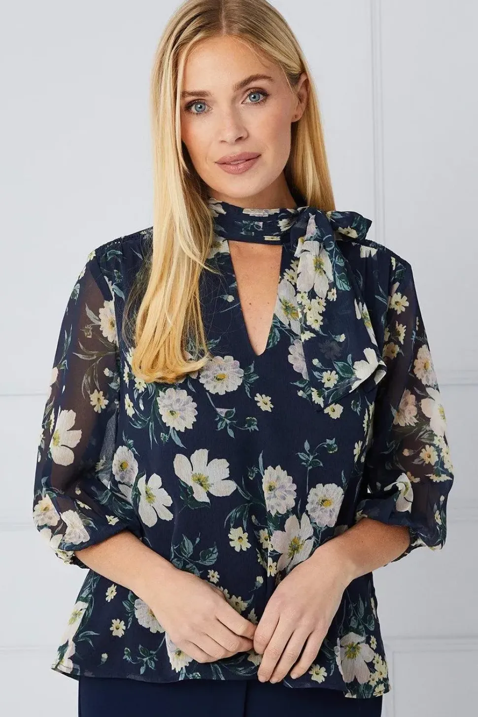 Petite Floral Tie Neck Blouse