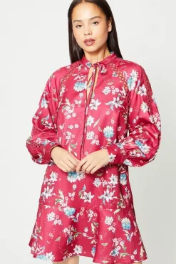 Petite Floral Tie Neck Lace Insert Mini Dress