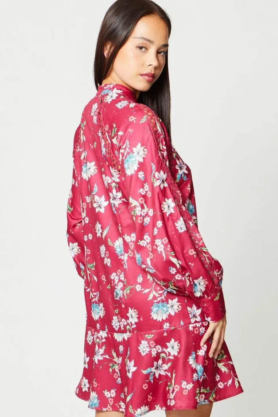 Petite Floral Tie Neck Lace Insert Mini Dress