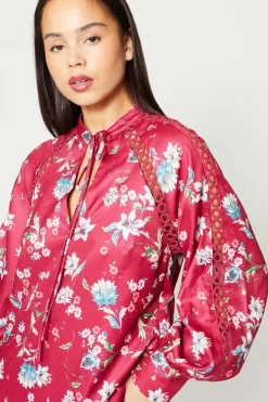 Petite Floral Tie Neck Lace Insert Mini Dress