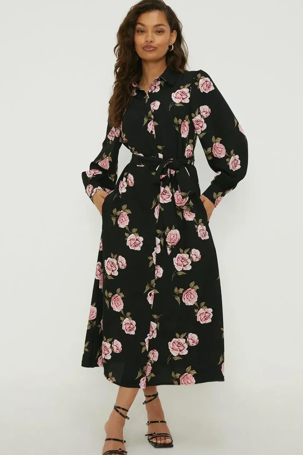 Petite Floral Tie Waist Midi Shirt Dress