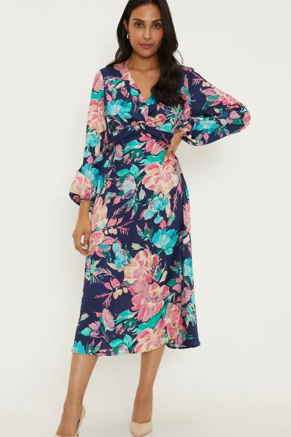 Petite Floral Twist Balloon Sleeve Midi Dress