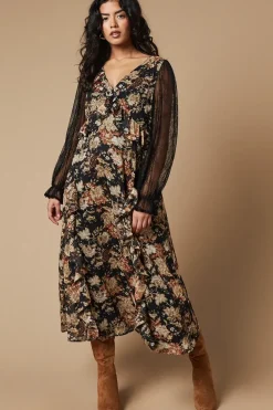 Petite Folk Lace Sleeve Ruffle Front Midi Dress