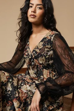 Petite Folk Lace Sleeve Ruffle Front Midi Dress