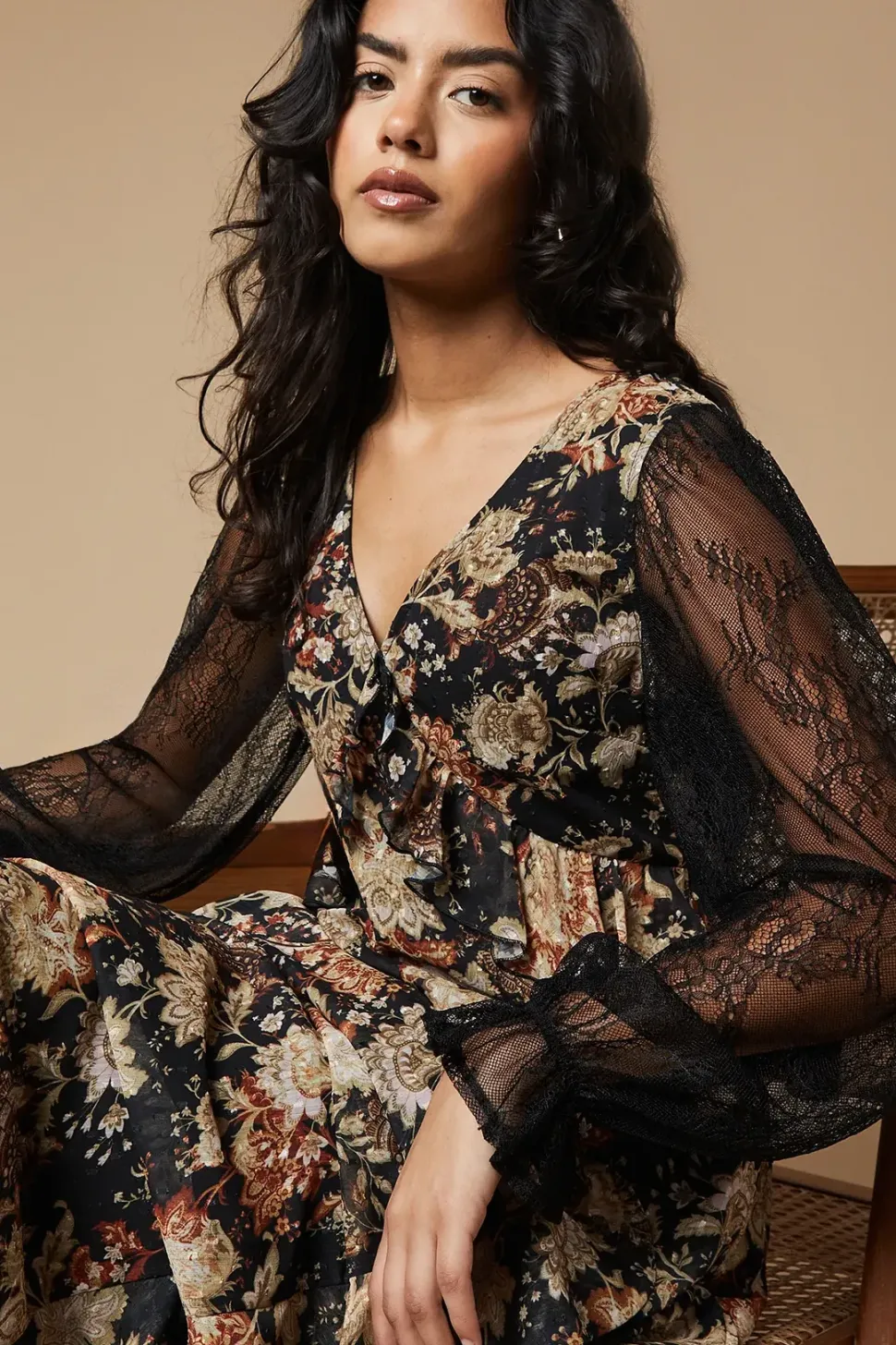 Petite Folk Lace Sleeve Ruffle Front Midi Dress