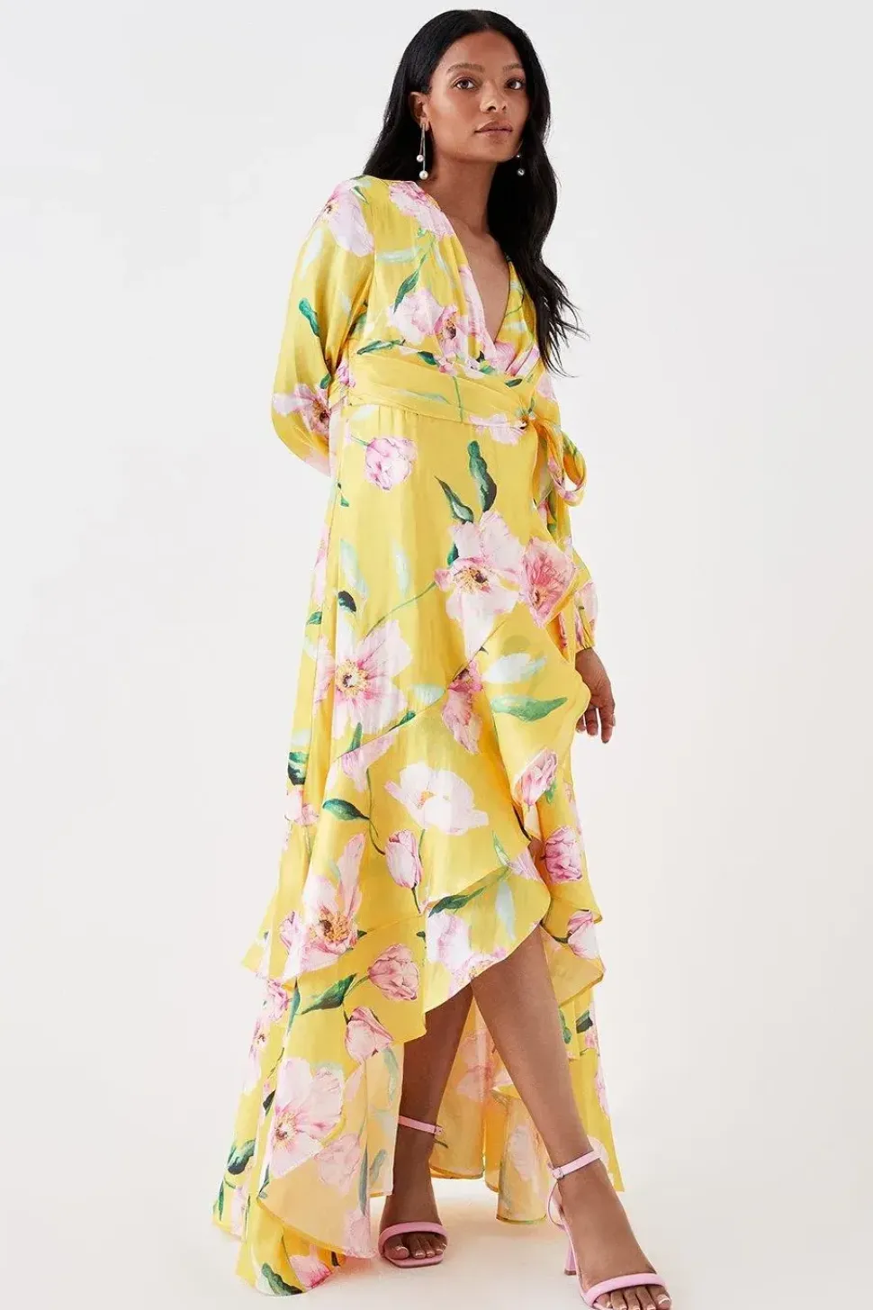 Petite Frill Hem Wrap Midi Dress With Long Sleeve In Organza