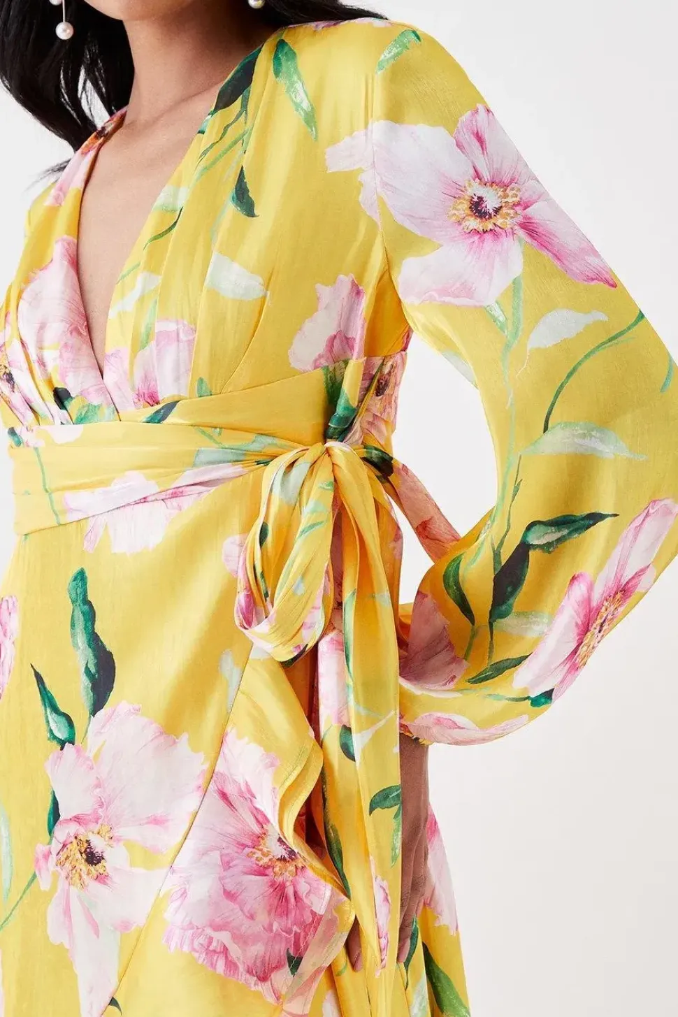 Petite Frill Hem Wrap Midi Dress With Long Sleeve In Organza