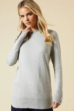 Petite Funnel Neck Button Cuff Longline Jumper