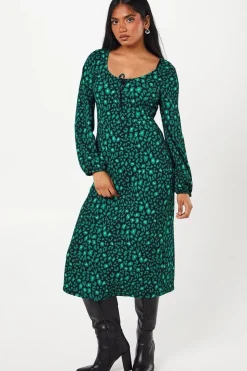 Petite Green Animal Tie Front Long Sleeve Midi Dress