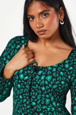 Petite Green Animal Tie Front Long Sleeve Midi Dress
