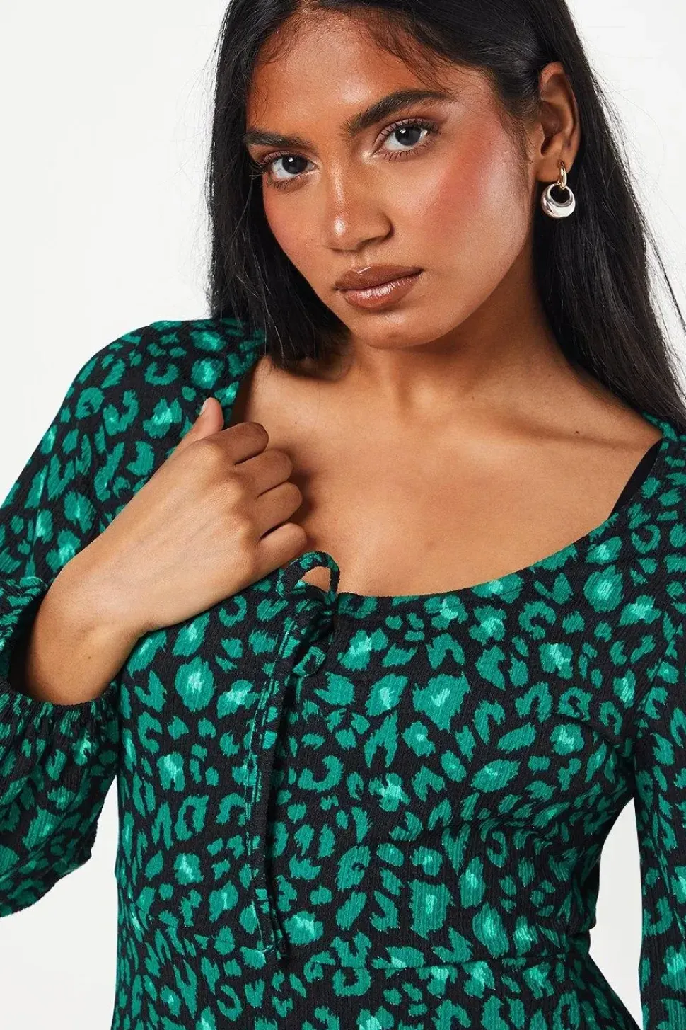 Petite Green Animal Tie Front Long Sleeve Midi Dress