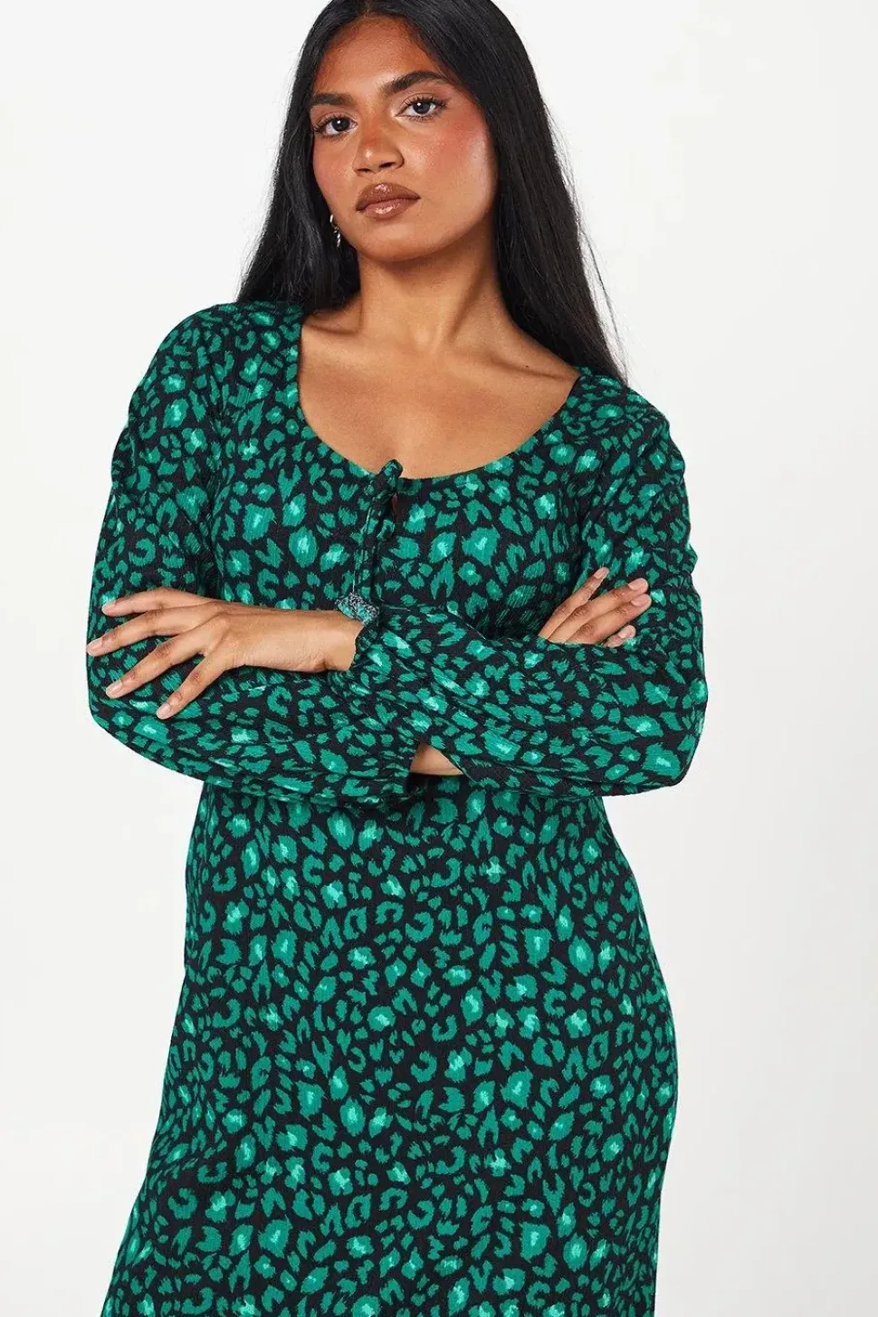 Petite Green Animal Tie Front Long Sleeve Midi Dress