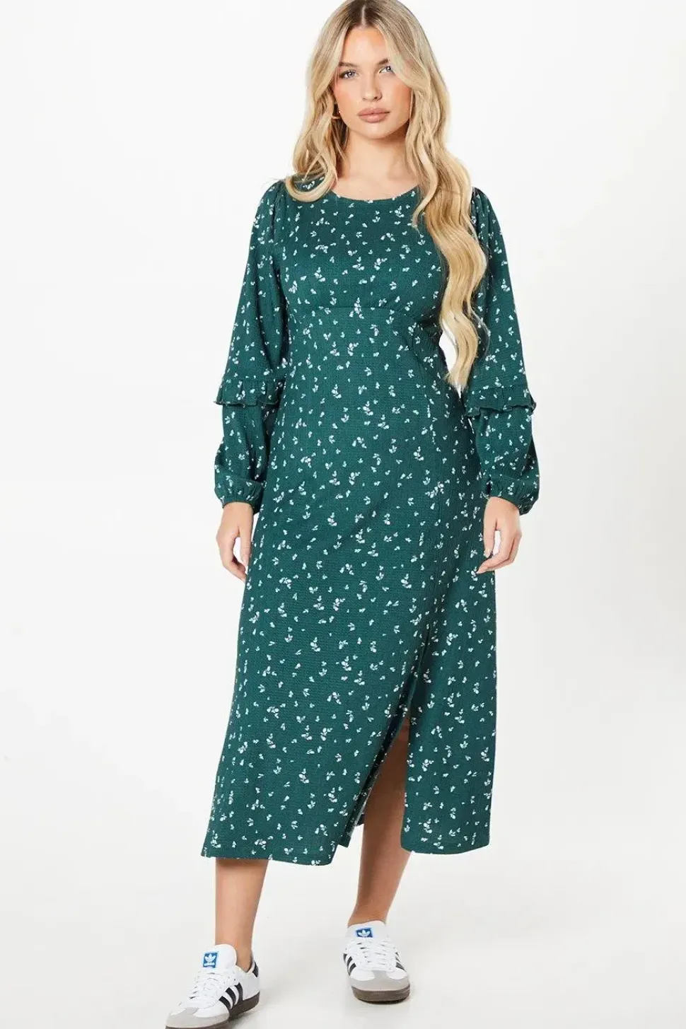 Petite Green Ditsy Floral Ruffle Sleeve Midi Dress