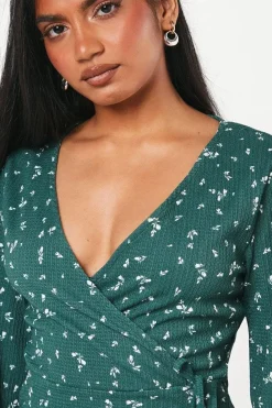 Petite Green Ditsy Wrap Mini Dress