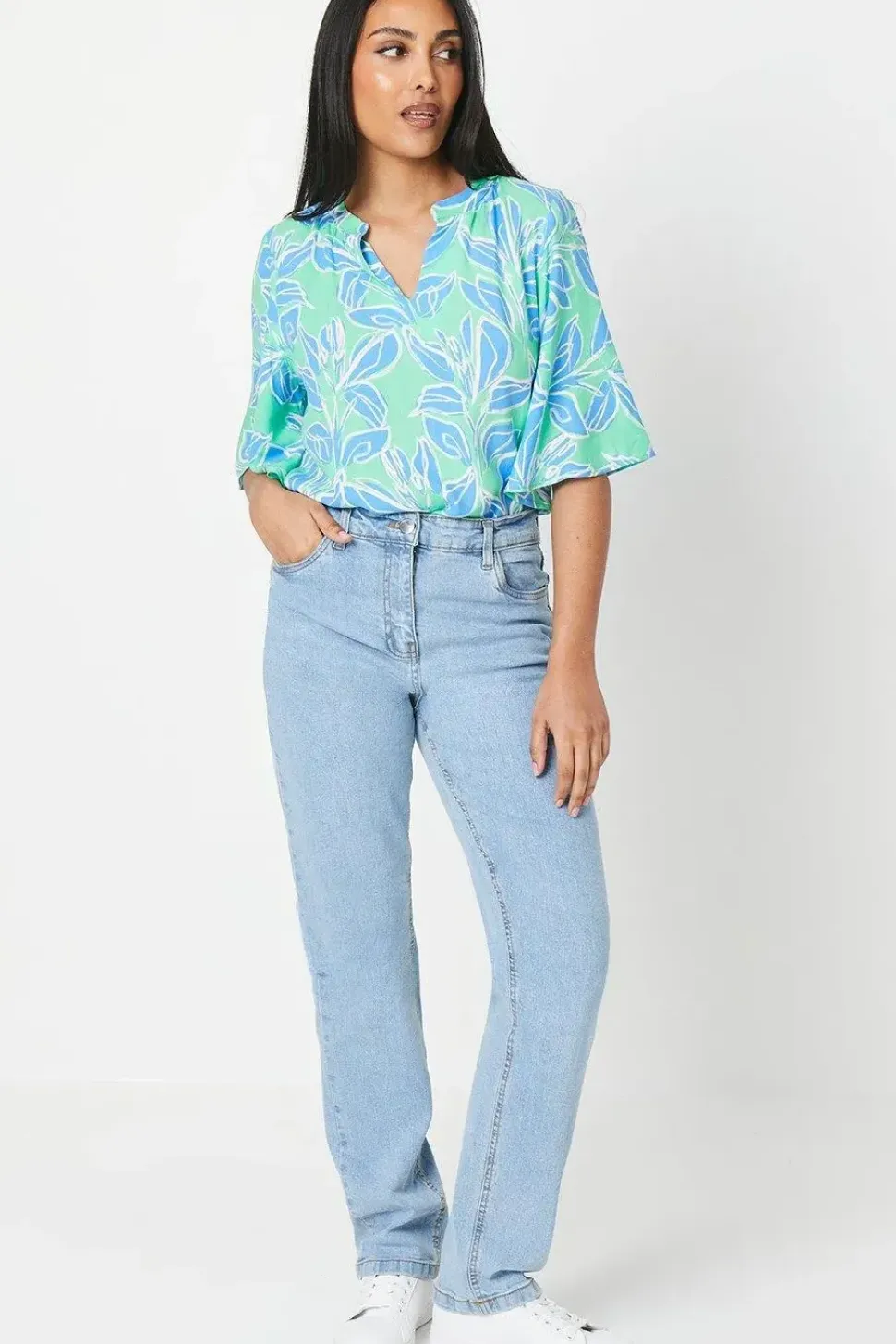 Petite Green Floral Flute Sleeve Blouse