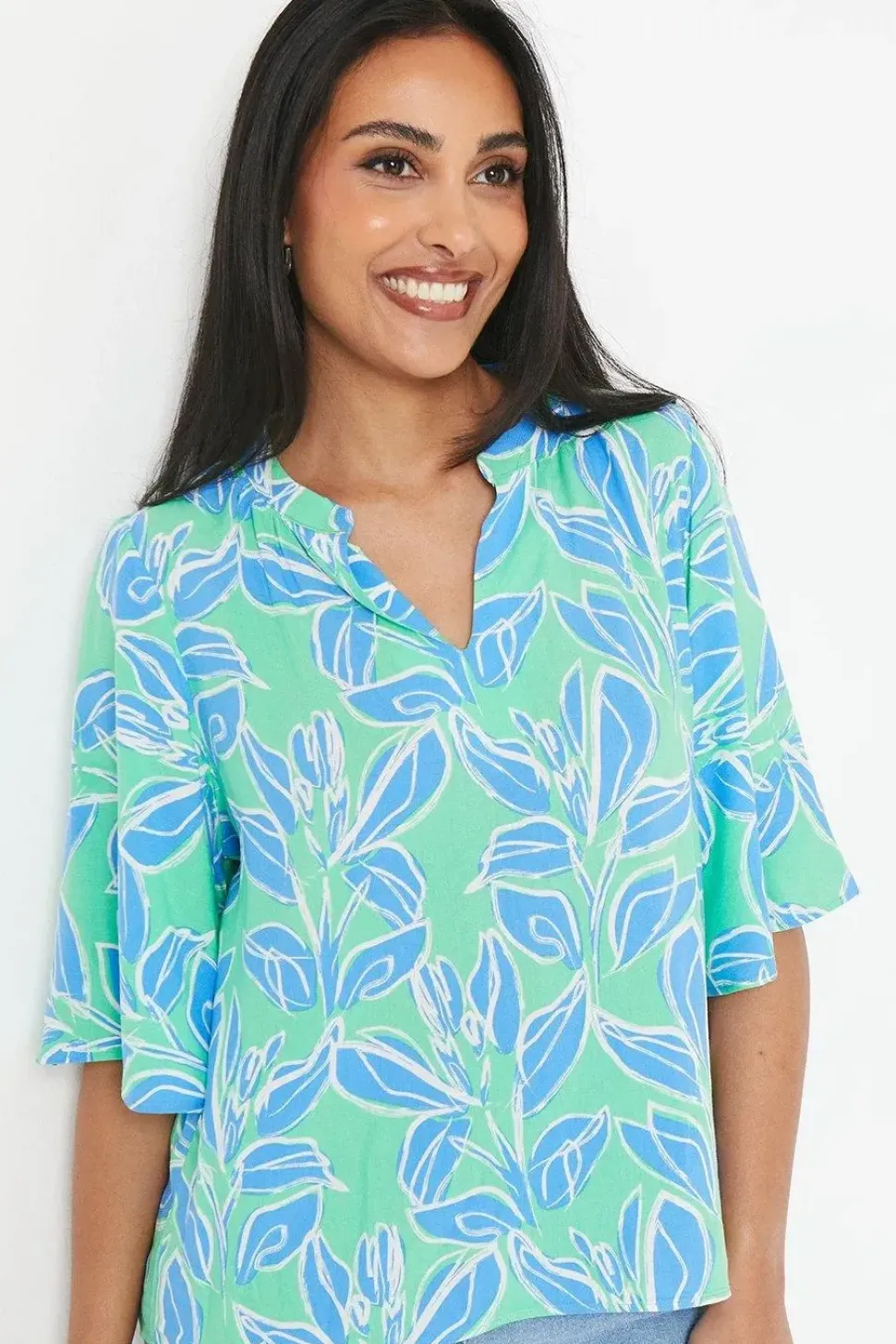 Petite Green Floral Flute Sleeve Blouse