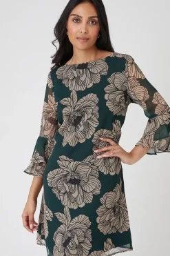 Petite Green Floral Flute Sleeve Shift Dress