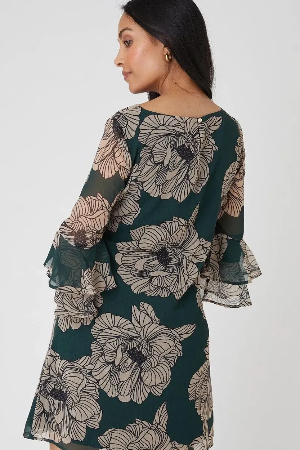 Petite Green Floral Flute Sleeve Shift Dress