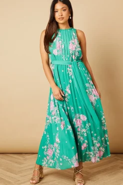 Petite Green Floral Pleated Belted Midi Dress
