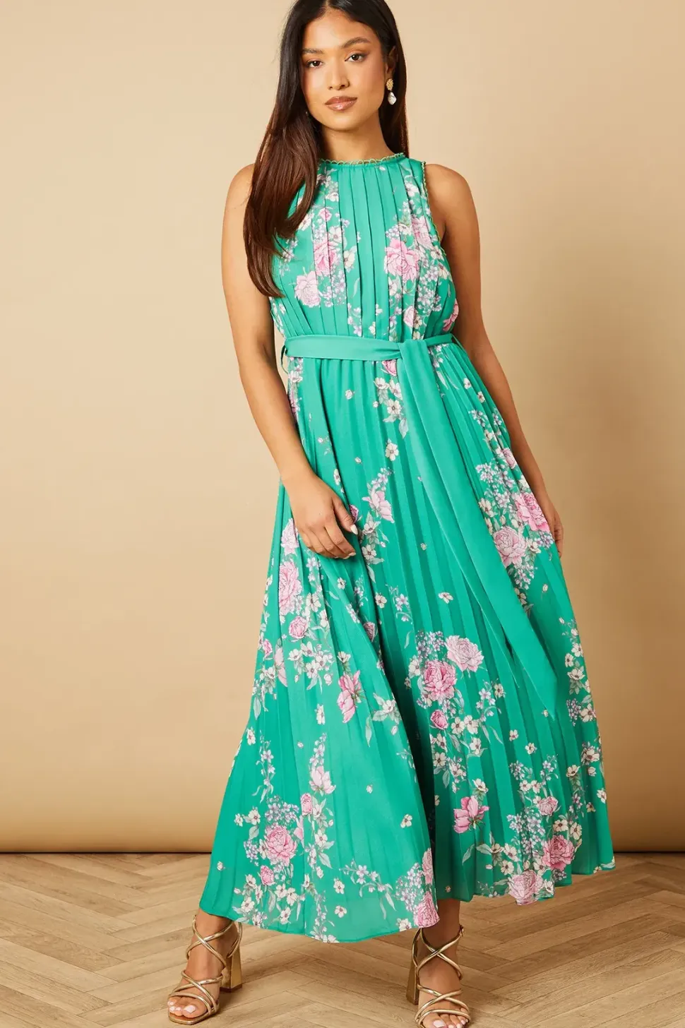 Petite Green Floral Pleated Belted Midi Dress