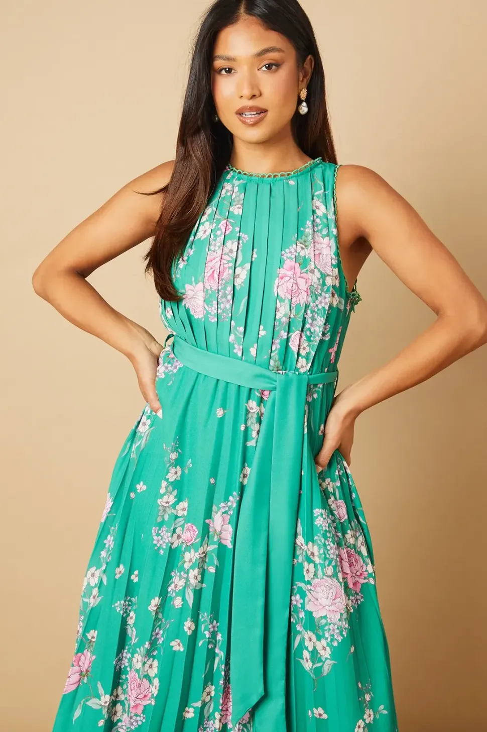 Petite Green Floral Pleated Belted Midi Dress