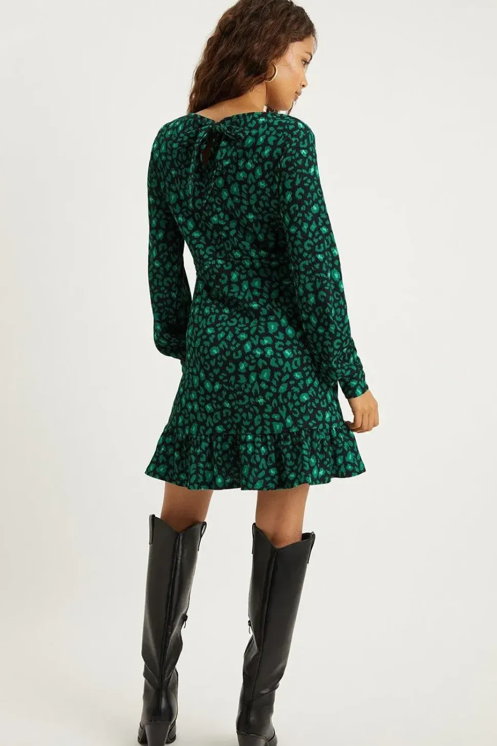 Petite Green Leopard Frill Hem Mini Dress
