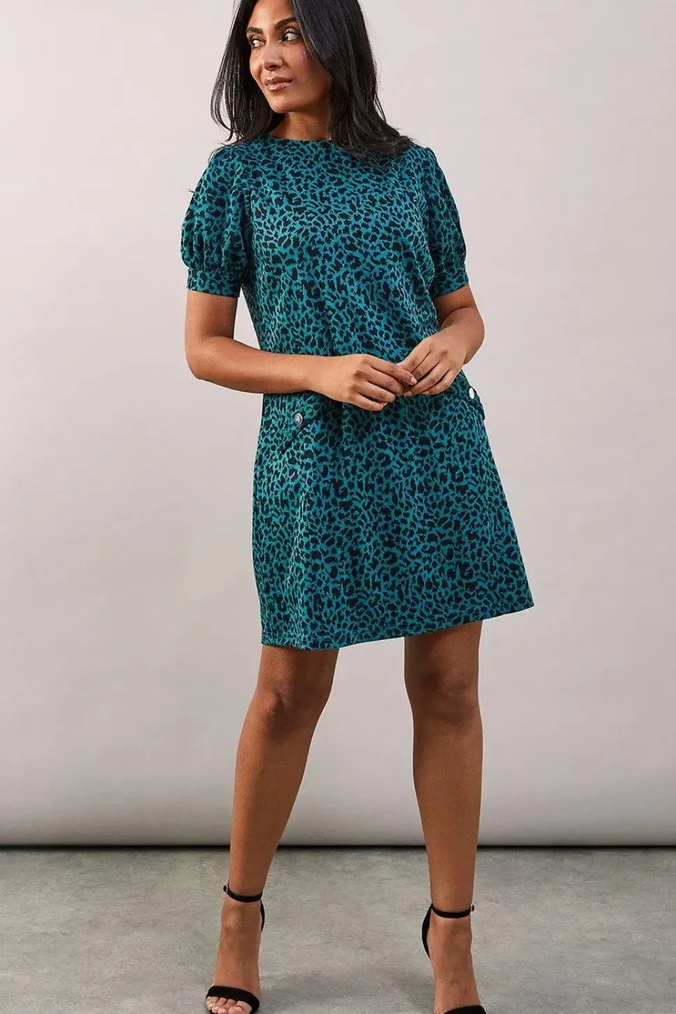 Petite Green Short Sleeve Jacquard Ponte Shift Dress