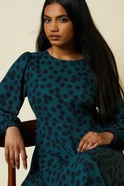Petite Green Spot Hanky Hem Shirred Cuff Midi Dress