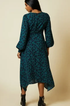 Petite Green Spot Hanky Hem Shirred Cuff Midi Dress