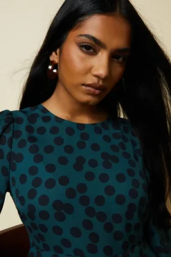 Petite Green Spot Hanky Hem Shirred Cuff Midi Dress