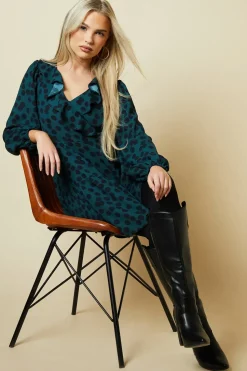 Petite Green Spot Tiered Hem Frill Wrap Mini Dress