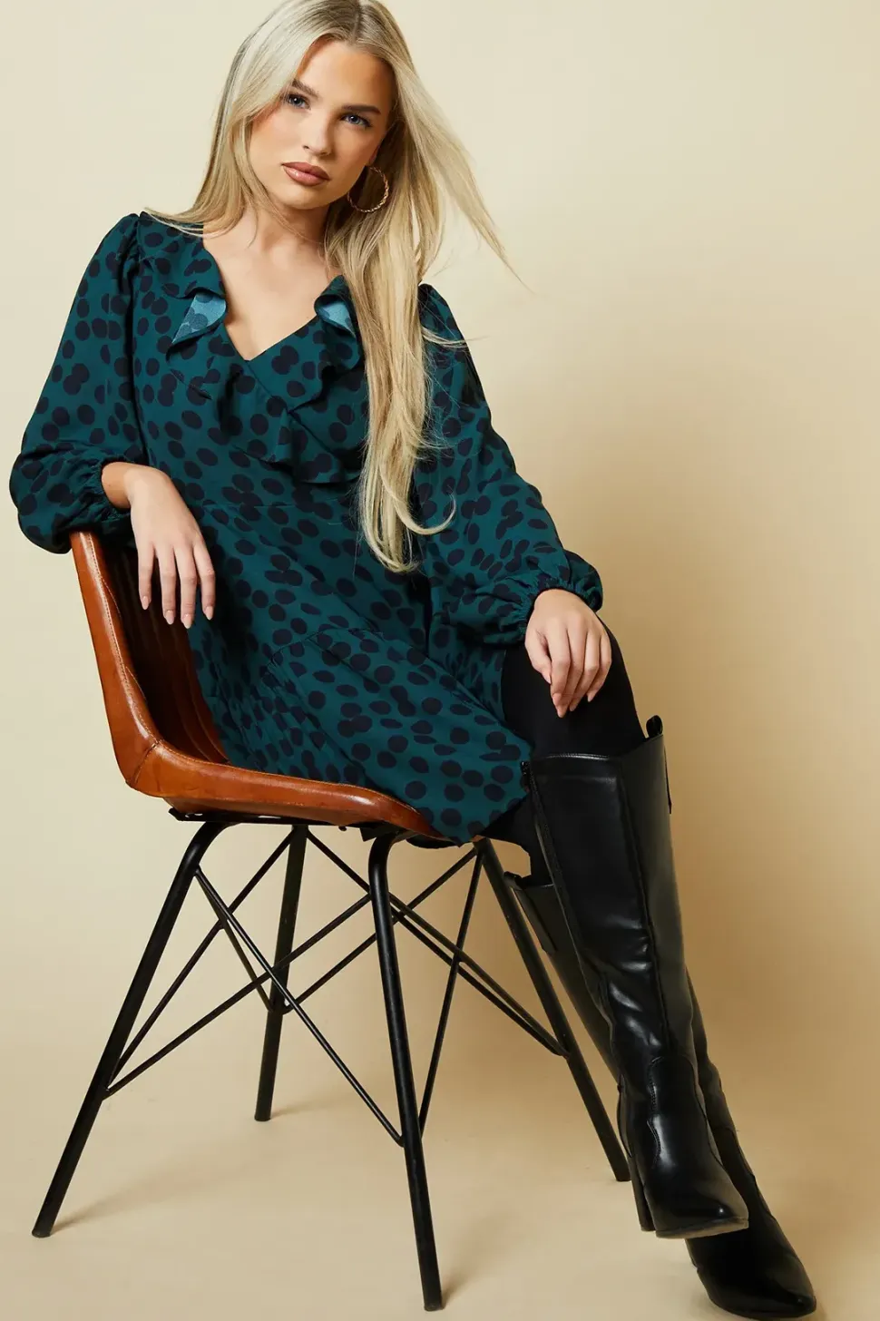 Petite Green Spot Tiered Hem Frill Wrap Mini Dress
