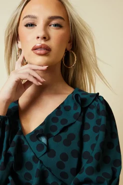 Petite Green Spot Tiered Hem Frill Wrap Mini Dress