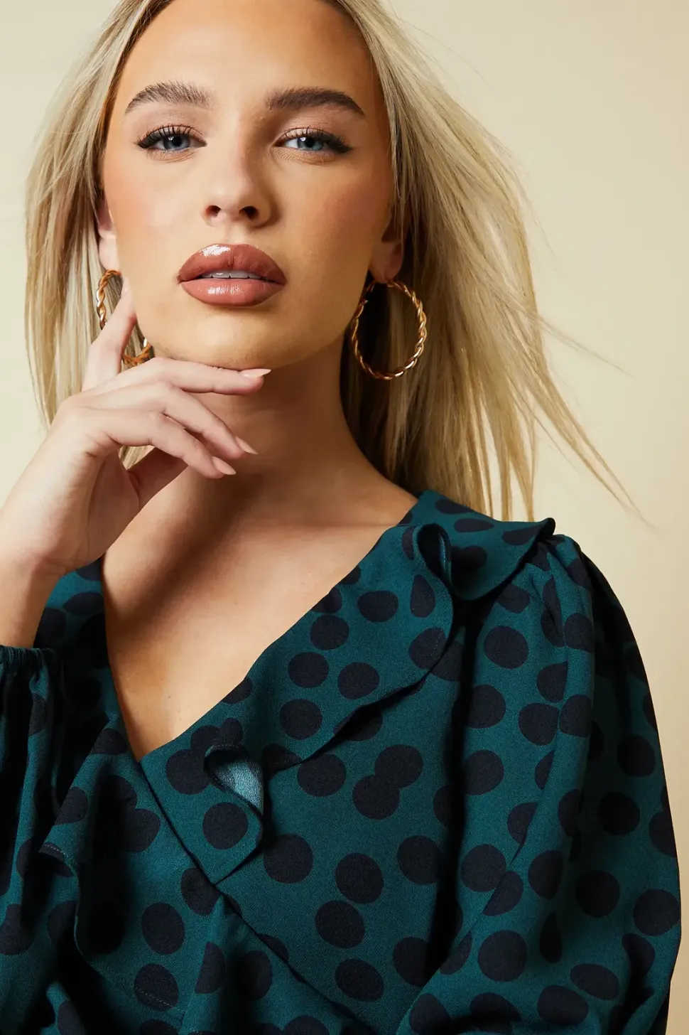 Petite Green Spot Tiered Hem Frill Wrap Mini Dress