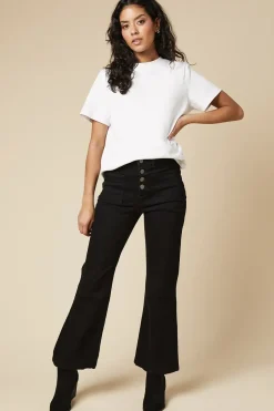Petite High Rise Button Detail Patch Pocket Flare Jeans