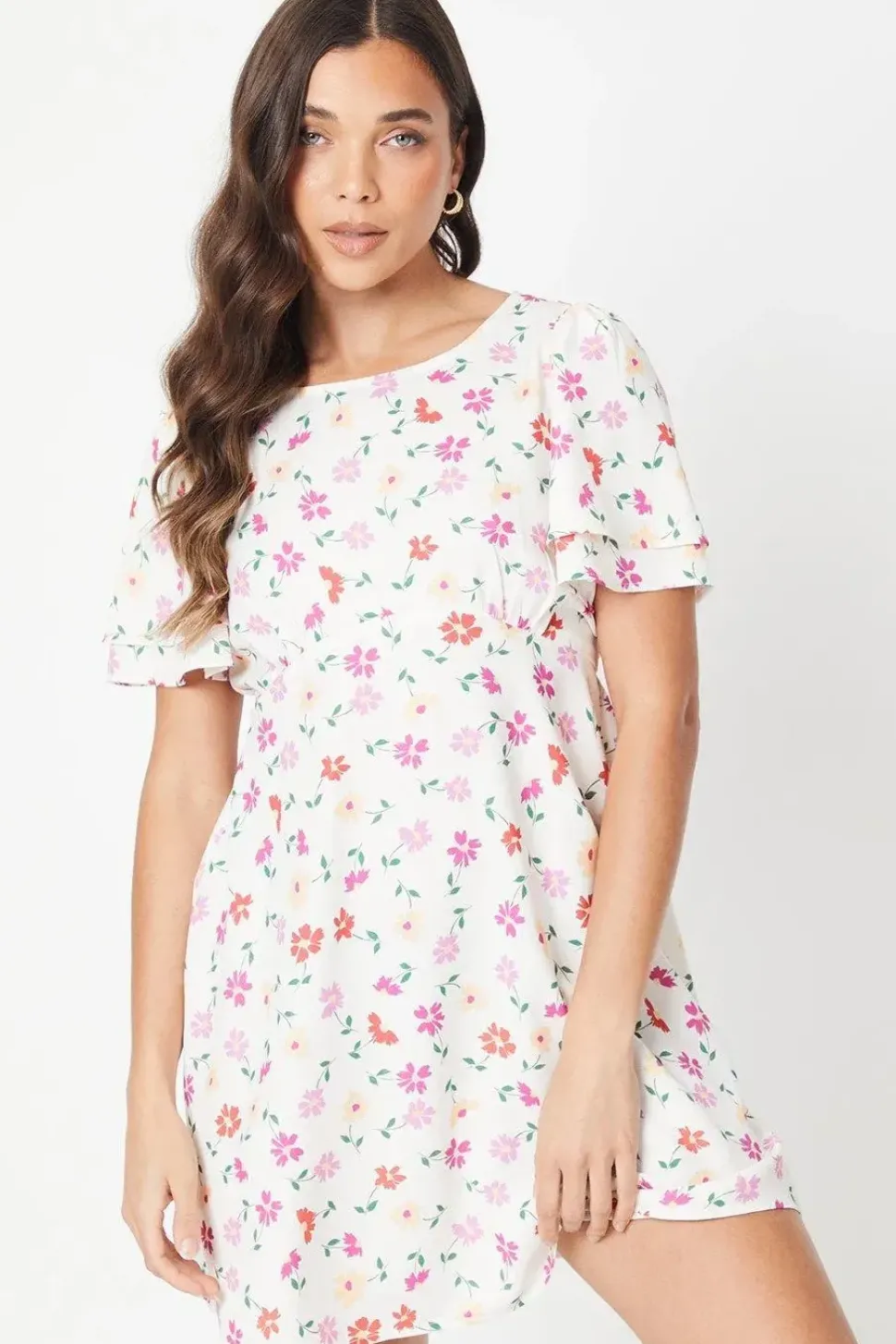 Petite Ivory Floral Angel Sleeve Empire Seam Mini Dress