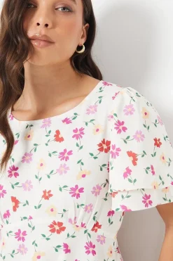 Petite Ivory Floral Angel Sleeve Empire Seam Mini Dress