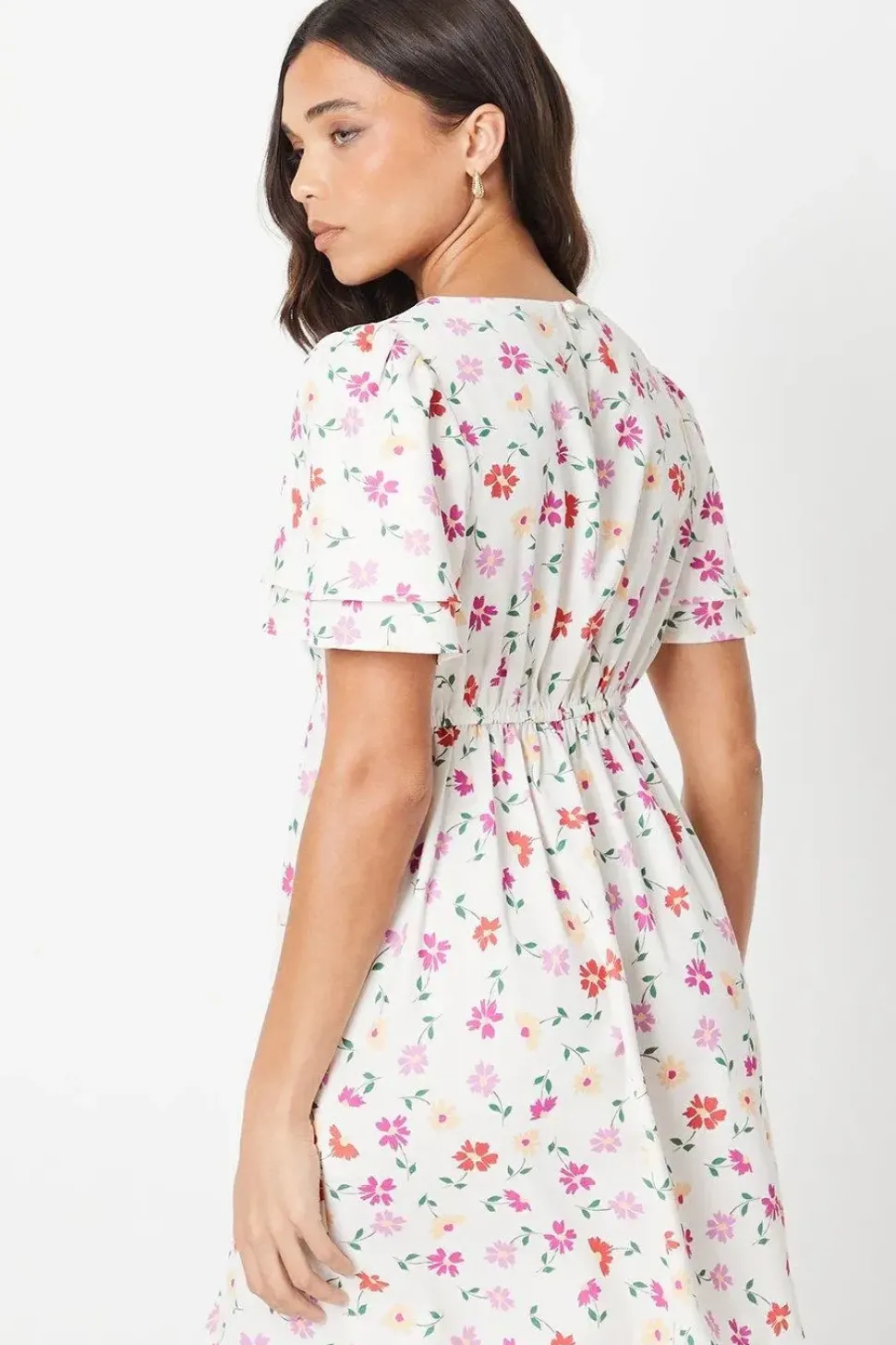 Petite Ivory Floral Angel Sleeve Empire Seam Mini Dress
