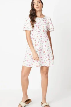 Petite Ivory Floral Angel Sleeve Empire Seam Mini Dress