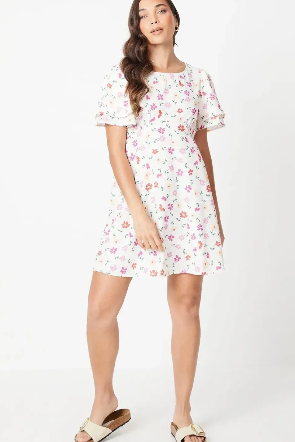 Petite Ivory Floral Angel Sleeve Empire Seam Mini Dress