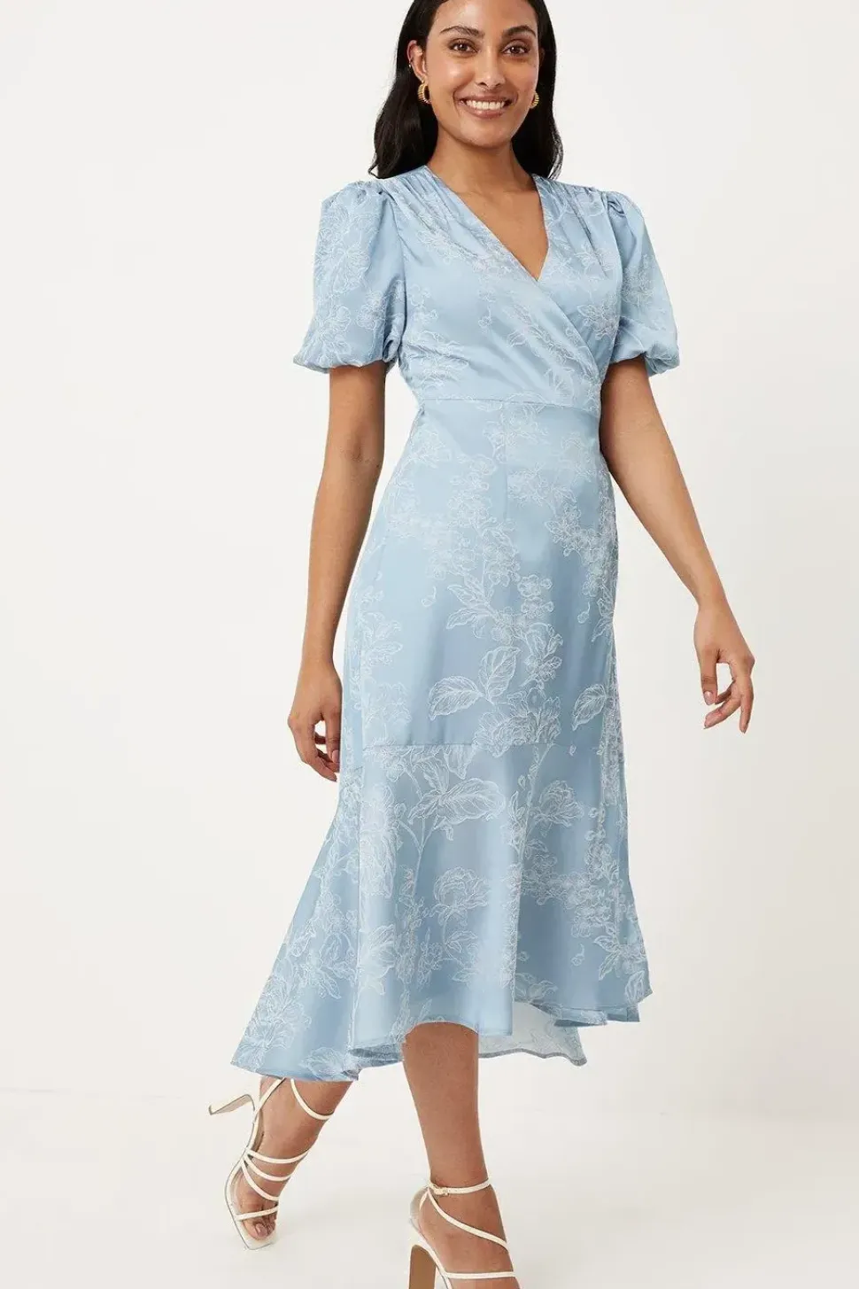 Petite Jacquard Floral Puff Sleeve Wrap Midi Dress