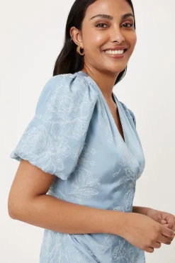 Petite Jacquard Floral Puff Sleeve Wrap Midi Dress
