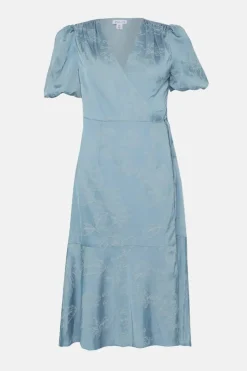 Petite Jacquard Floral Puff Sleeve Wrap Midi Dress