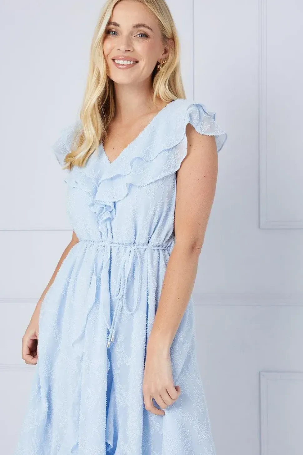 Petite Jacquard Ruffle Detail Tie Midi Dress