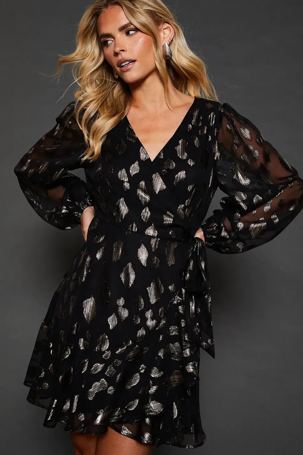 Petite Jacquard Ruffle Long Sleeve Mini Dress