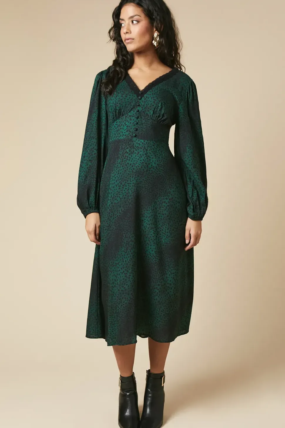 Petite Khaki Animal Long Sleeve Lace Trim Button Front Midi Dress