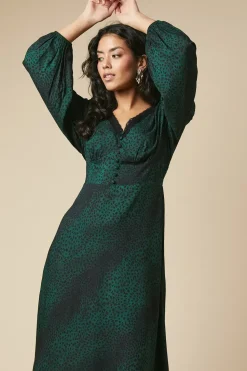 Petite Khaki Animal Long Sleeve Lace Trim Button Front Midi Dress