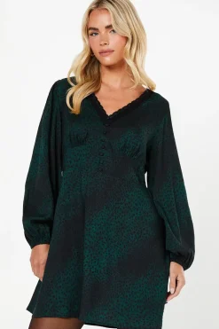 Petite Khaki Animal Long Sleeve Lace Trim Button Front Mini Dress
