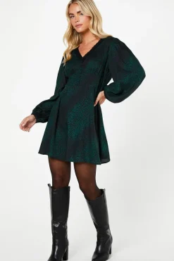 Petite Khaki Animal Long Sleeve Lace Trim Button Front Mini Dress