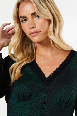 Petite Khaki Animal Long Sleeve Lace Trim Button Front Mini Dress